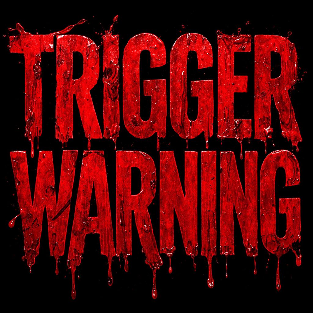 Text that reads 'Trigger Warning' in large, red, dripping blood-like font on a black background.