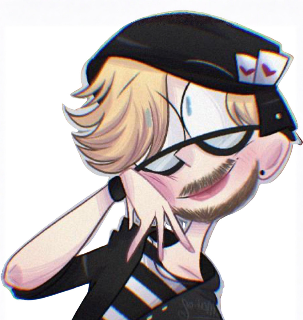 Cartoon illustration of a person with blonde hair, glasses, a hat with heart-shaped patches, a striped shirt, and a beard, making a playful gesture with their hand.
