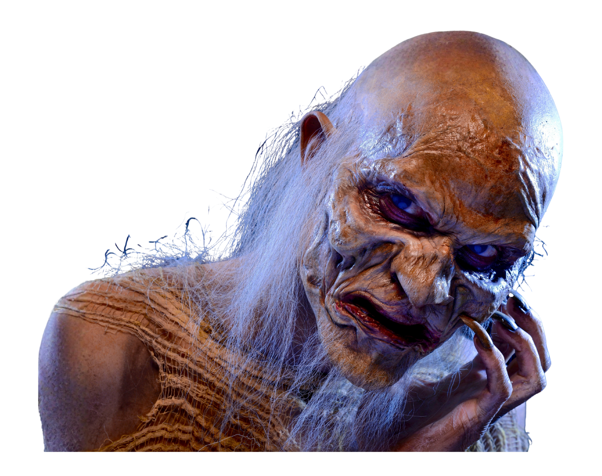 A highly detailed, grotesque creature with wrinkled, mottled skin, long white hair, piercing blue eyes, and long fingernails, touching its face with a distressed or sinister expression.