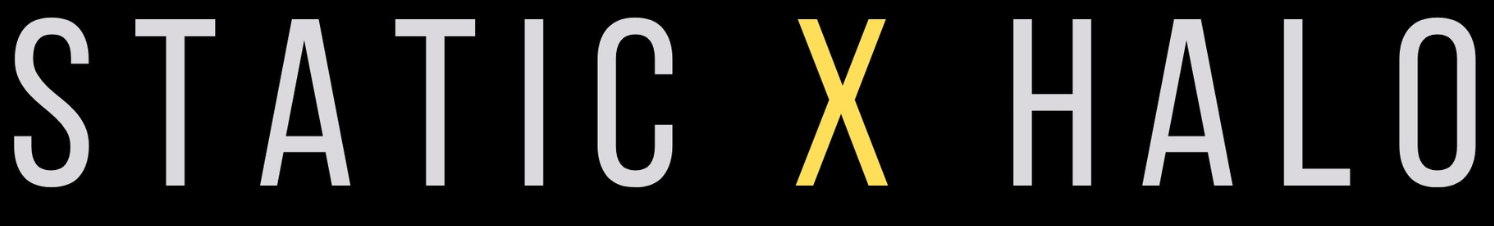Logo with the words 'STATIC X HALO' in uppercase letters, with 'X' in yellow and the rest in gray, on a black background.