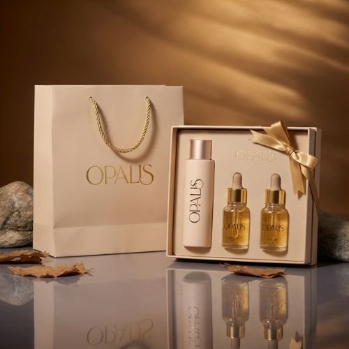 Opalus skincare set with a white bottle and two smaller gold bottles inside a gift box, alongside a white shopping bag with gold lettering, all on a reflective surface with rocks and dried leaves.
