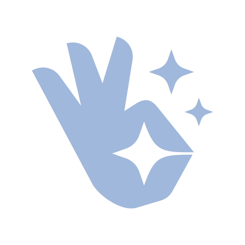 A blue graphic of a hand making a finger gun gesture, with sparkles around it.