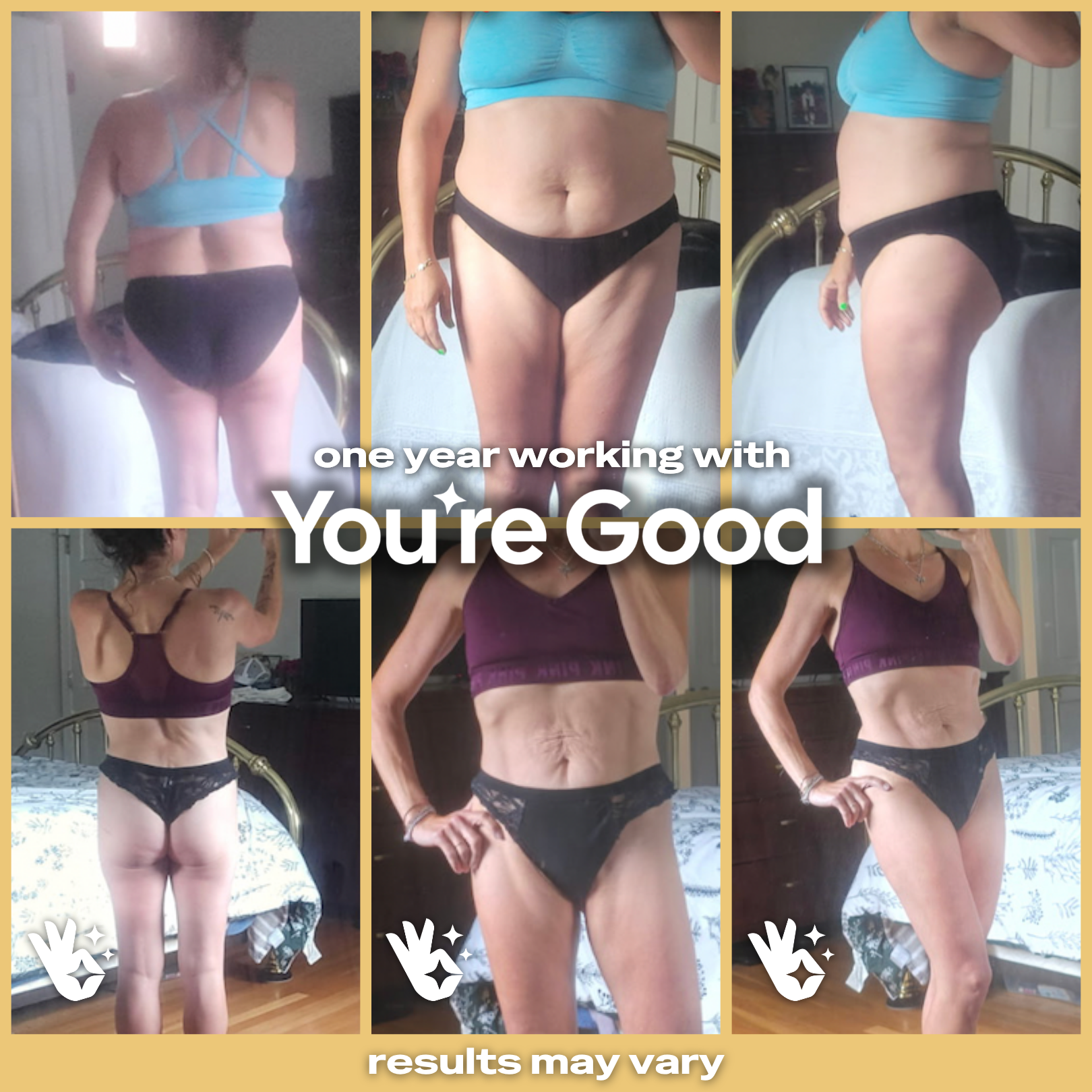 Before and after photos showing a woman's weight loss progress over one year, with smiling and confident poses in various angles, highlighting body transformation.