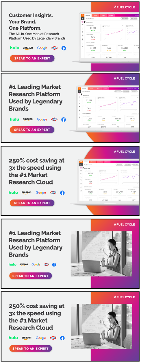 A digital advertisement for FuelCycle Market Research Platform featuring charts, graphs, and images of a woman using a laptop, highlighting its features like cost savings and brand usage by major companies such as Hulu, Amazon, Google, and Facebook.