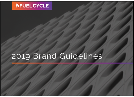 Cover page of a guide titled '2019 Brand Guidelines' with a black and gray textured background and a banner labeled 'FUEL CYCLE' in purple and orange.