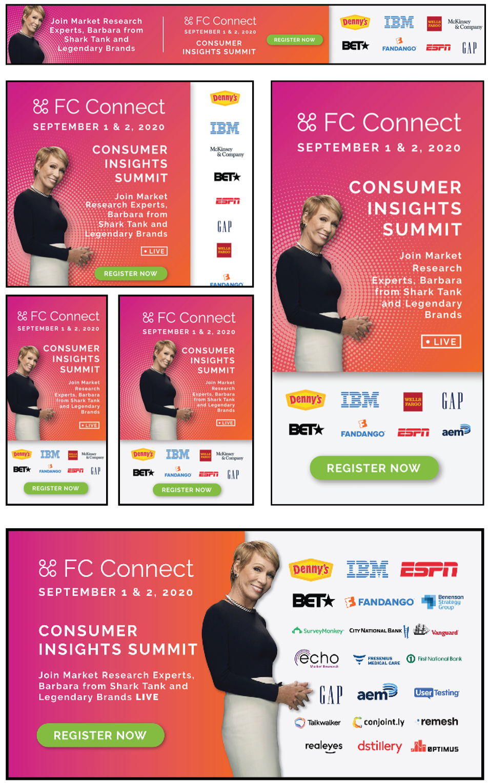 Advertisement for the FC Connect Consumer Insights Summit on September 1-2, 2020. Featuring a woman in a black top and white skirt, smiling and holding her hands in front of her. Includes logos of brands like Denny's, IBM, ESPN, BET, Fandango, GAP, Wells Fargo, McKinsey & Company, and others. Prominently displays green 'Register Now' buttons and the event details.