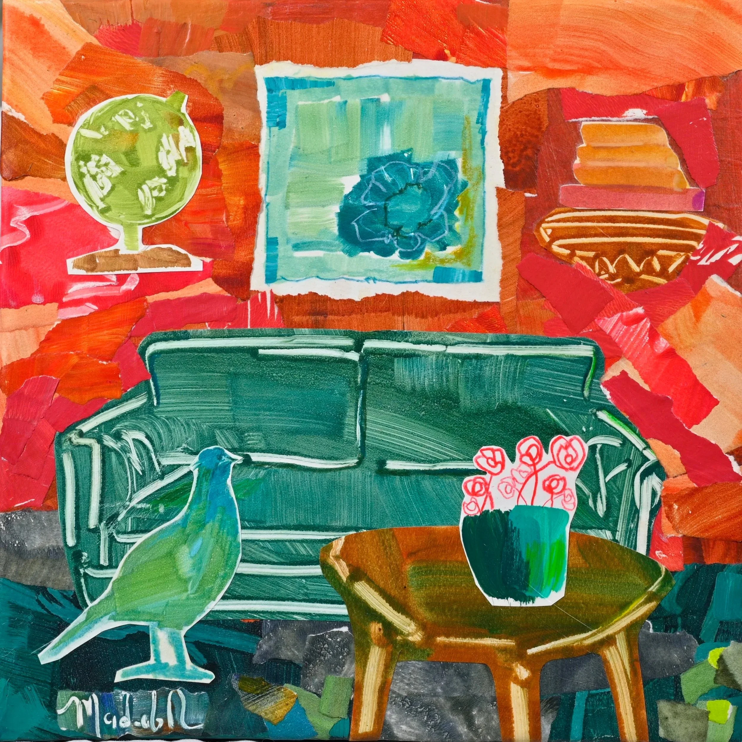 Orange Cozy Room with cool green Sofa and Pheasant  (Collage on Canvas)