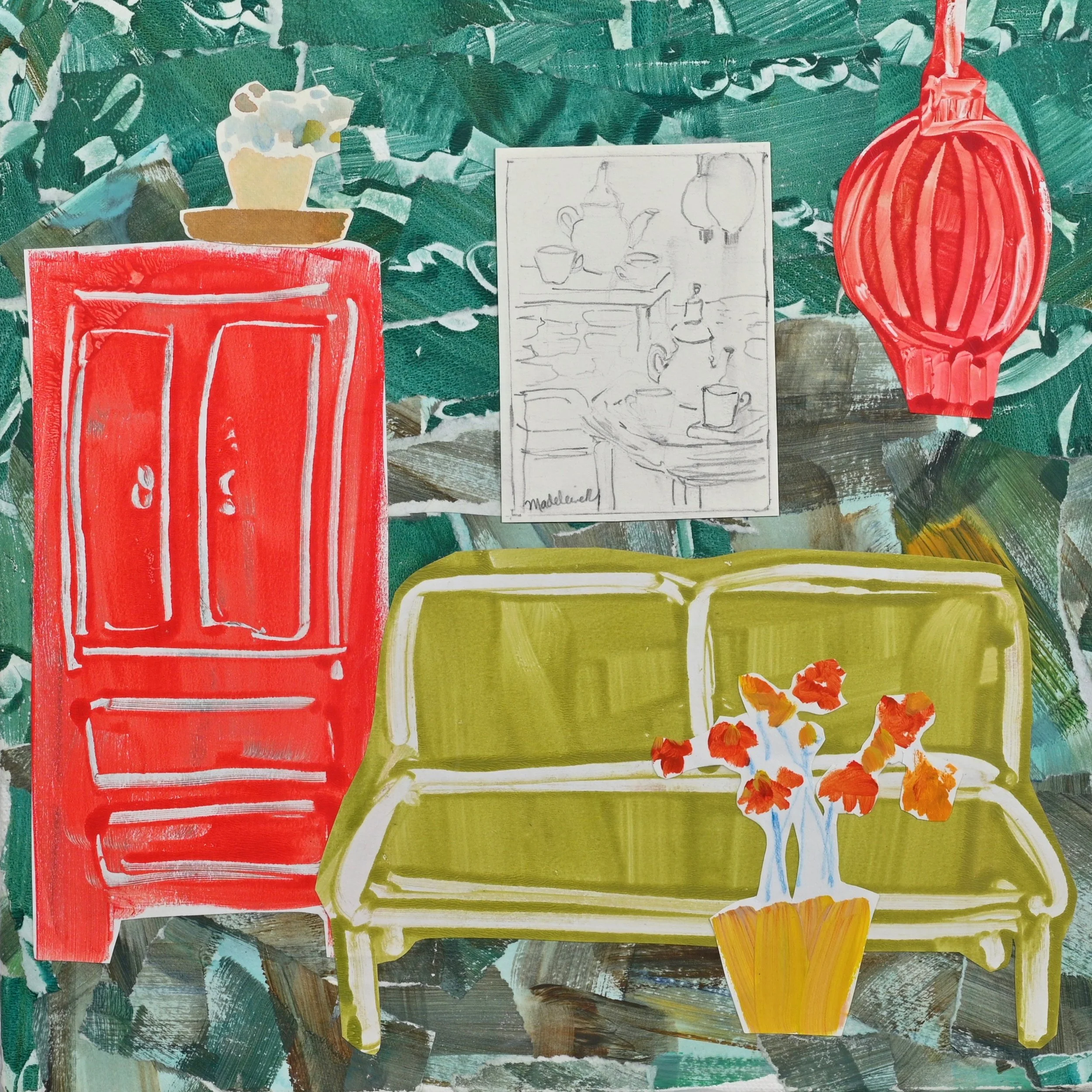 Teacups Drawing Interior (Collage on Canvas)