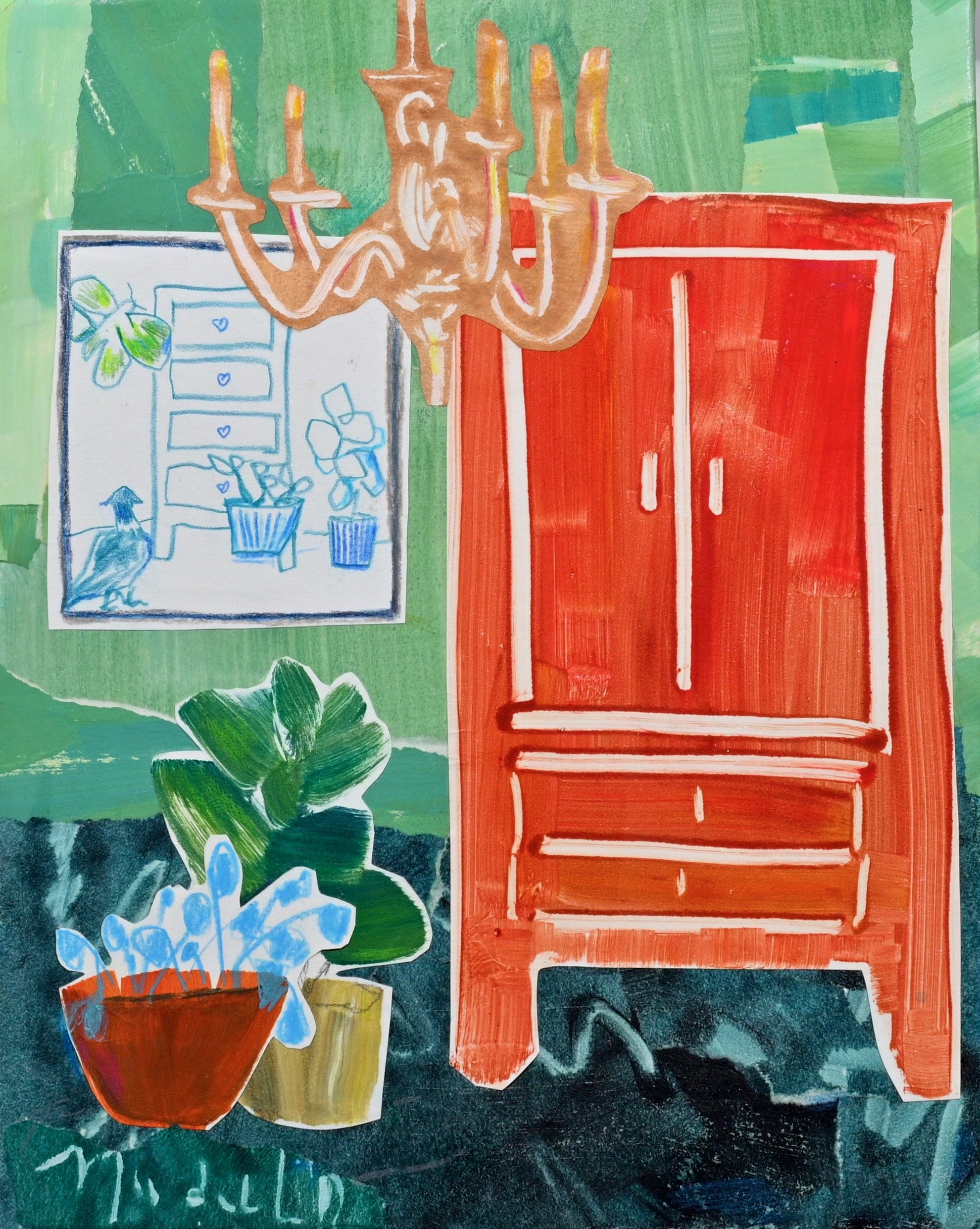 Green Room with Blue Pheasant drawing and Chandelier  (Collage on Canvas)