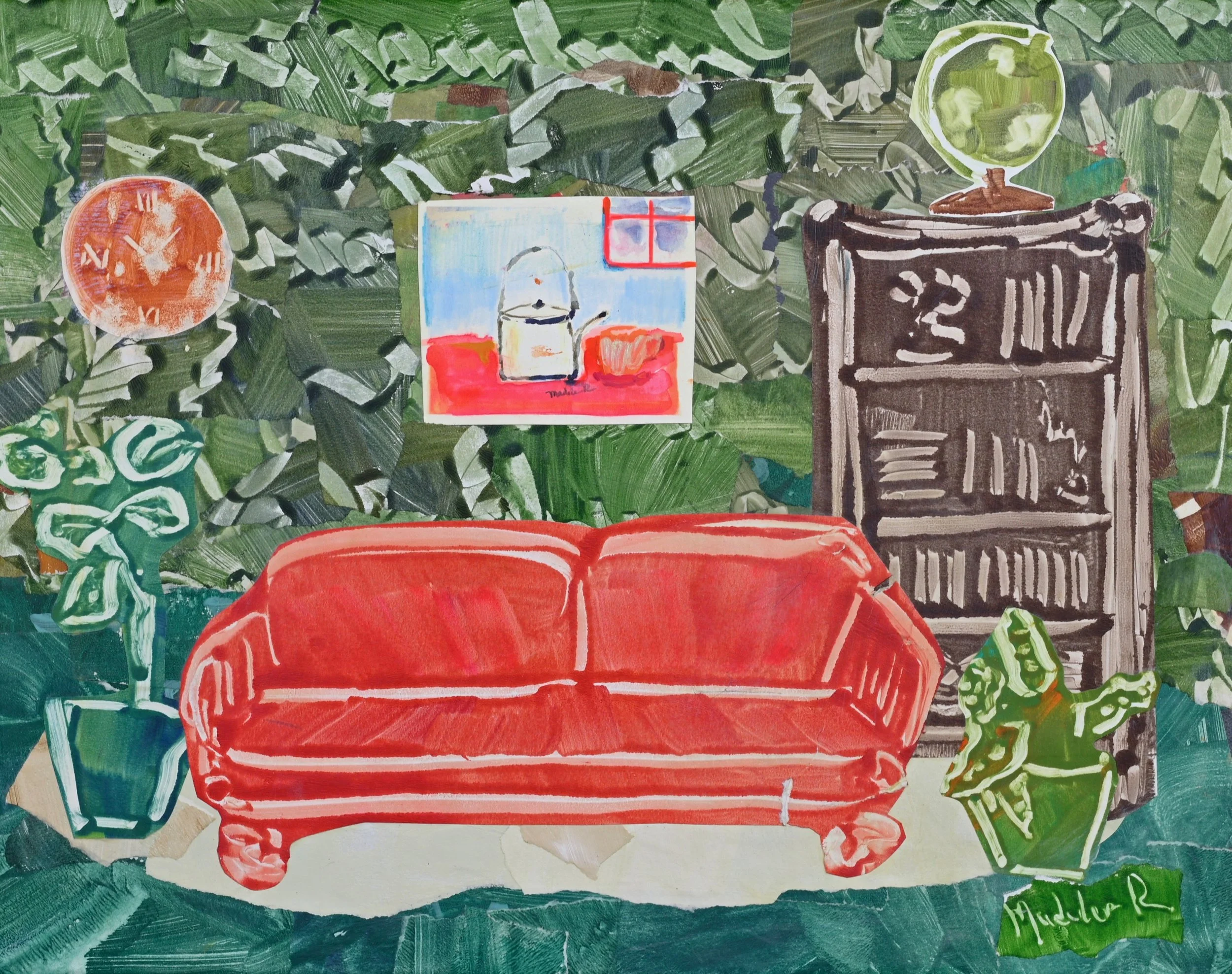 Cozy Interior  Green, Red Sofa  (Collage on Canvas)