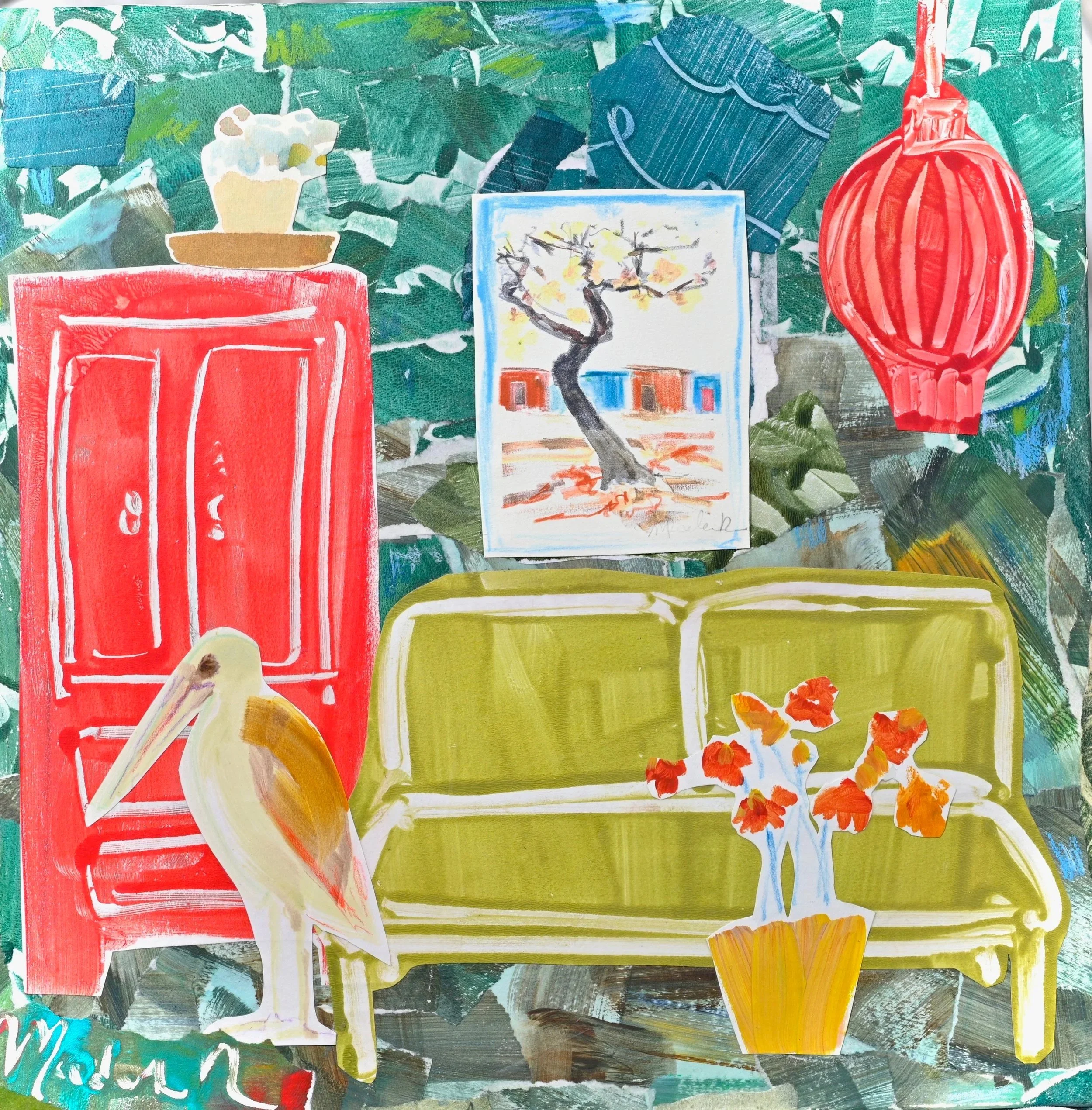 Turquoise room with stork (Collage on Canvas)