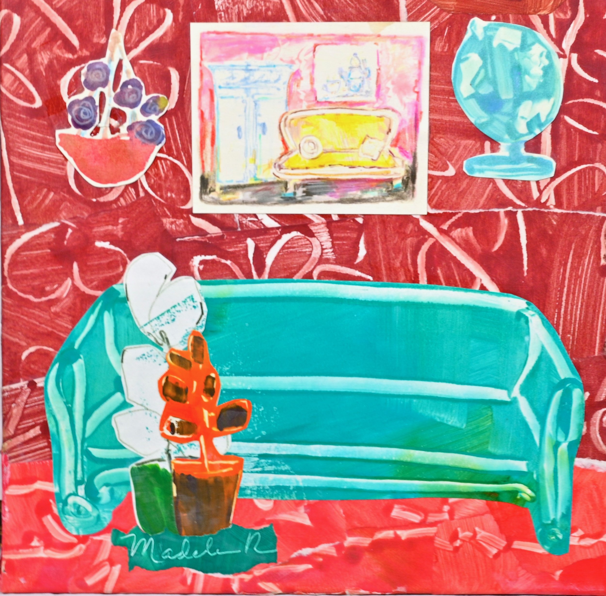Orange Floor Room with Teal sofa and Plants (Collage on canvas)