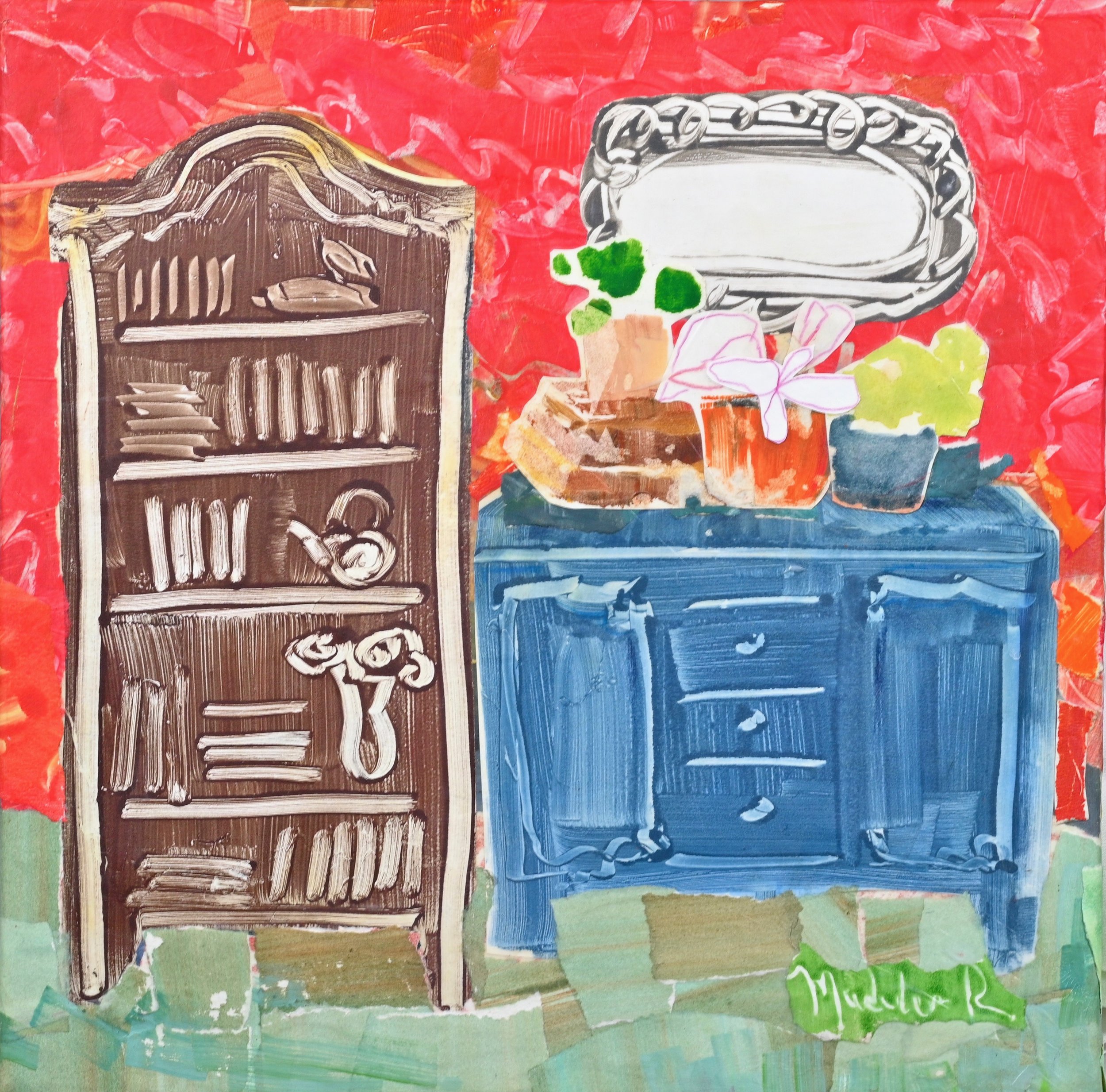 Red Wall Room with Mirror and Plants  (Collage on Canvas)