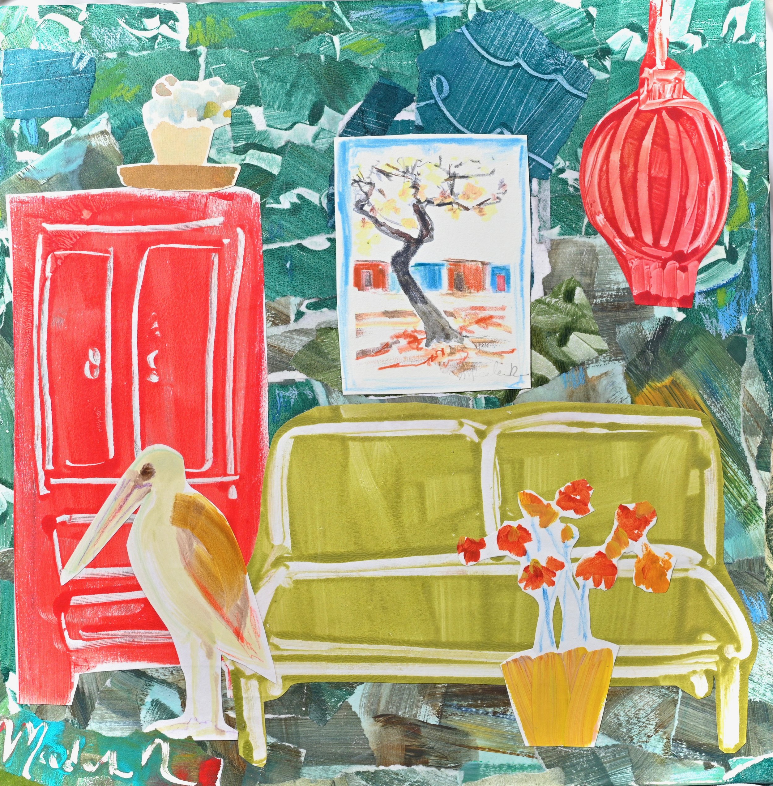 Turquoise room with stork (Collage on Canvas)