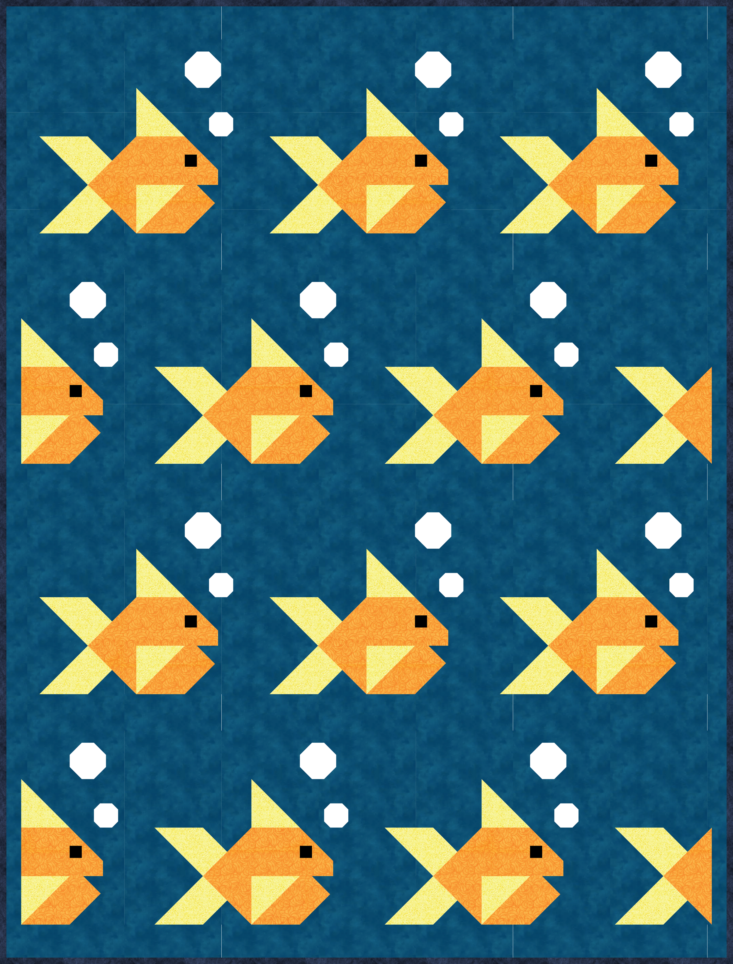 A quilt depicting goldfish with bubbles on a dark blue background.