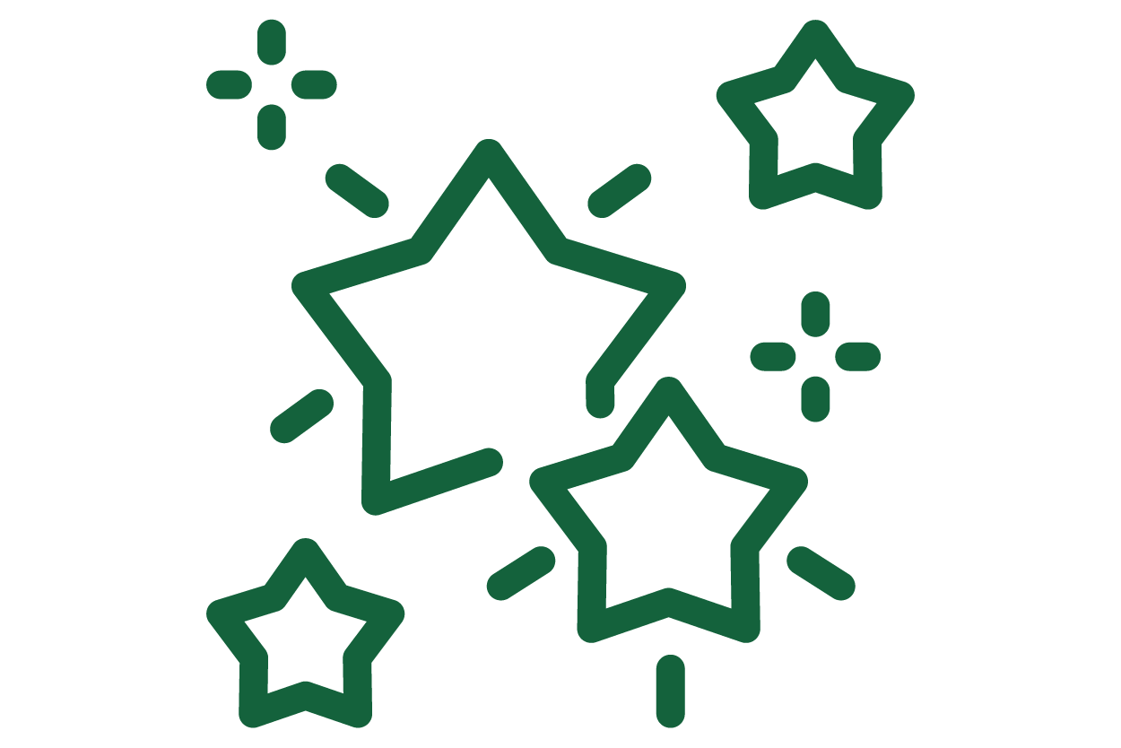 Line drawing of five stars with small decorative lines and dots around them, resembling a celebratory or festive icon.