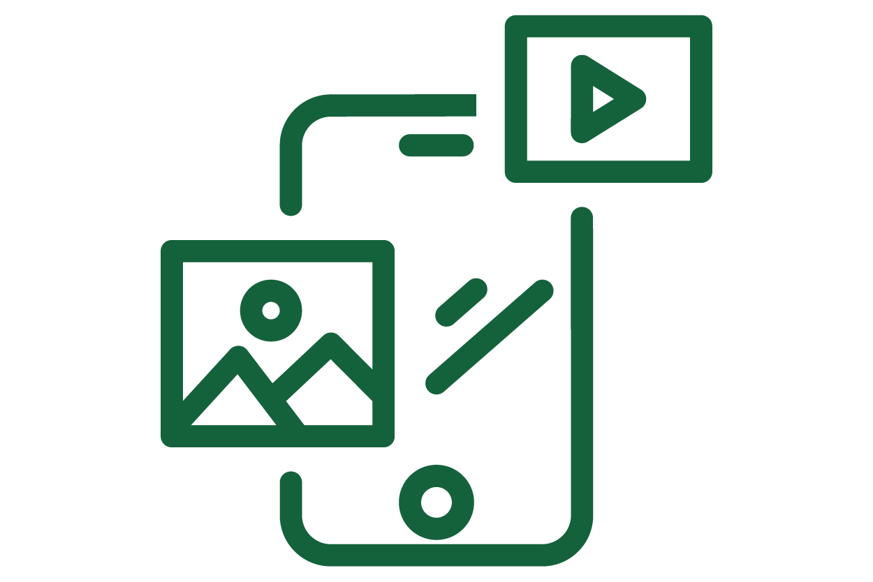 Outline of a smartphone with icons representing photos and videos, including a play button.