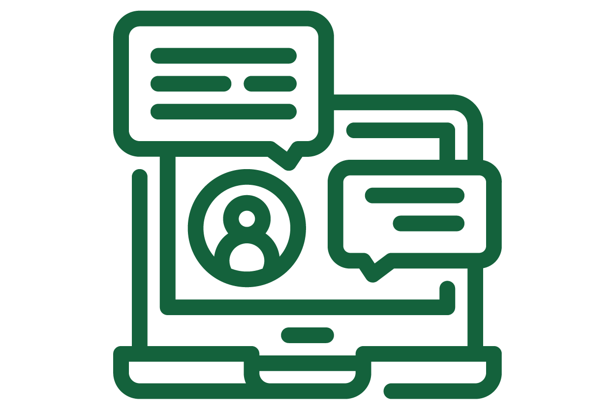 Line art icon of a smartphone with chat bubbles and a user profile symbol.