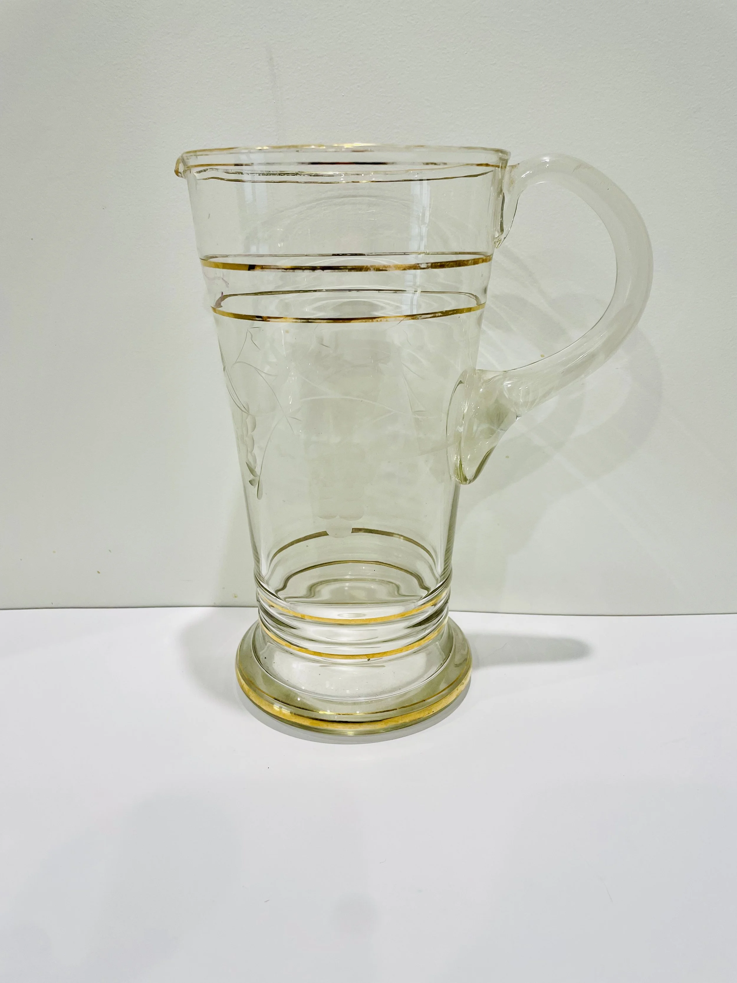 Tall Glass Jug with Gold and Floral Design.