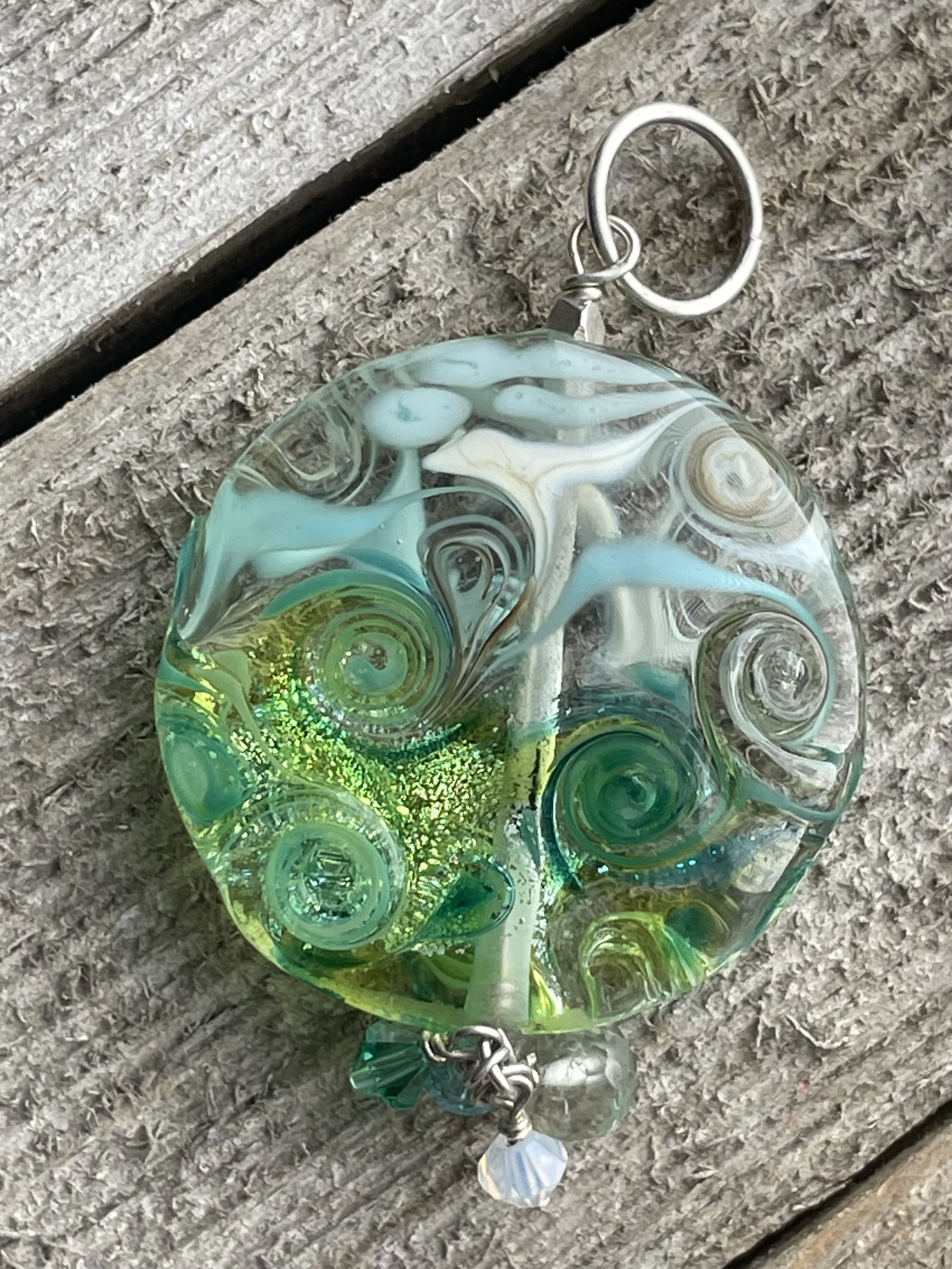 Waves of Reflection-25mm Lampwork Glass Pendant– Sterling Silver & Swarovski Crystal