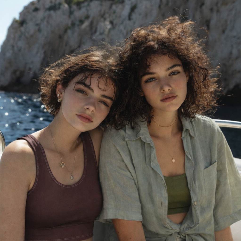 Two young women with curly hair and light skin sitting close together on a boat near rocky cliffs, looking at the camera with serious expressions.
