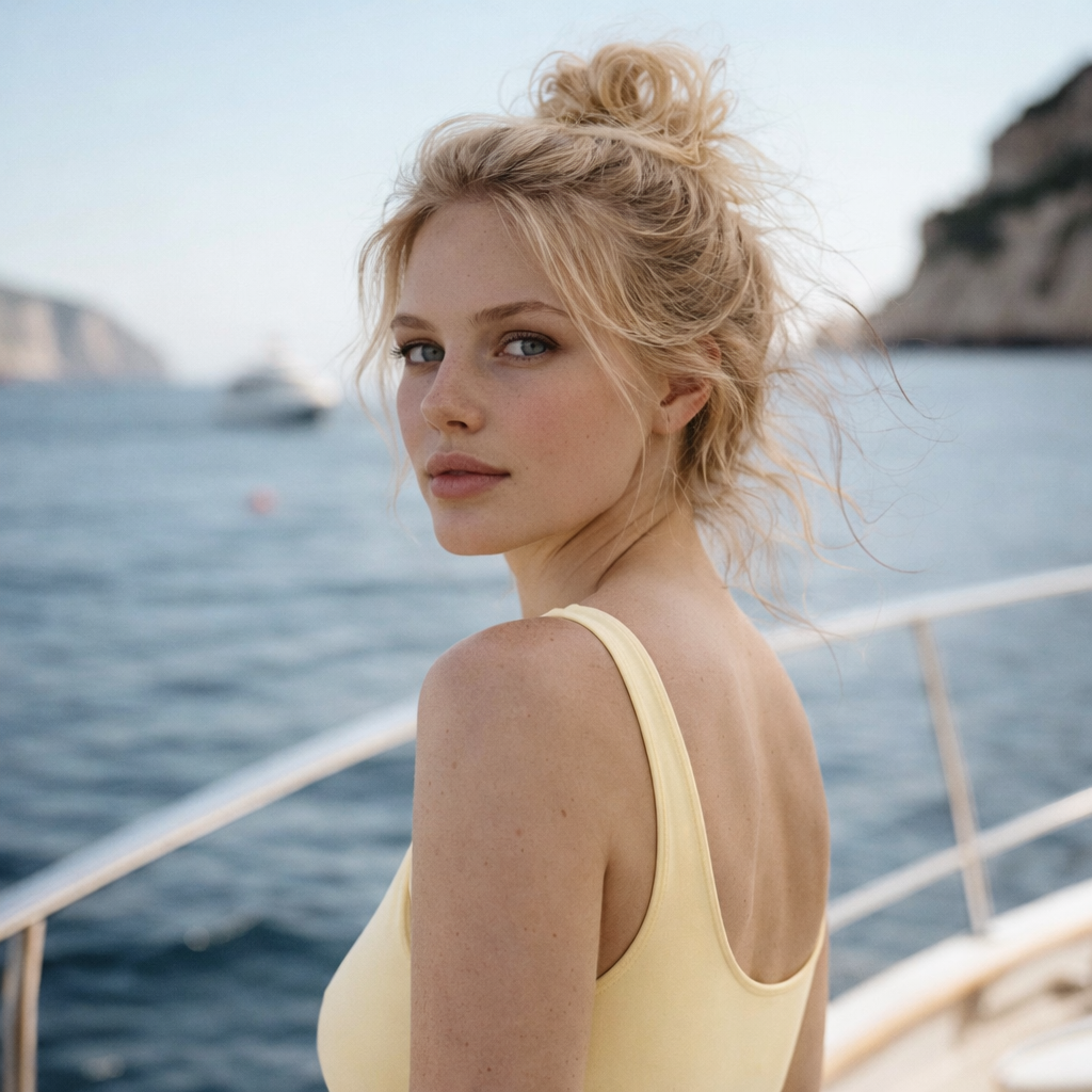 A young woman with blonde, curly hair tied in a loose bun looking over her shoulder on a boat with water and cliffs in the background.