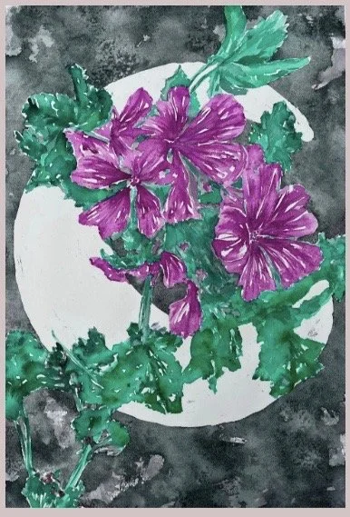 'Whirly Hollyhock' watercolor study, 20"x35" unframed. Available. 