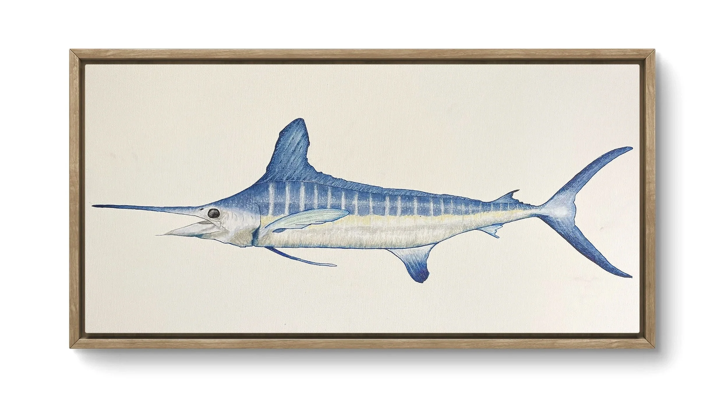 Watercolor painting of a marlin fish with a blue body, elongated bill, and dorsal fin, framed in wood.
