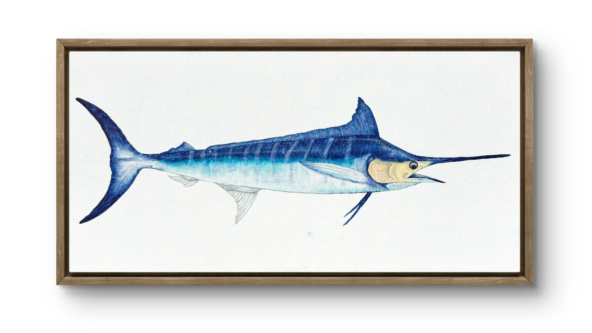 Watercolor painting of a marlin fish framed in wood.