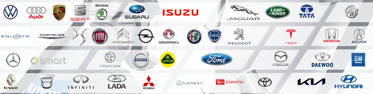 Collection of various car brand logos including VW, Audi, Porsche, SEAT, Skoda, Subaru, Isuzu, Jaguar, Land Rover, Tata, MG, Mercedes-Benz, Stellantis, Chrysler, Fiat, Citroën, Opel, Alfa Romeo, Lancia, Peugeot, Tesla, Honda, Acura, Mercedes-Benz, smart, Proton, Volvo, Lotus, Ford, Dacia, Infiniti, Lada, Mitsubishi, Lexus, Daihatsu, Toyota, Mazda, Daewoo, GM, Renault, Hyundai.