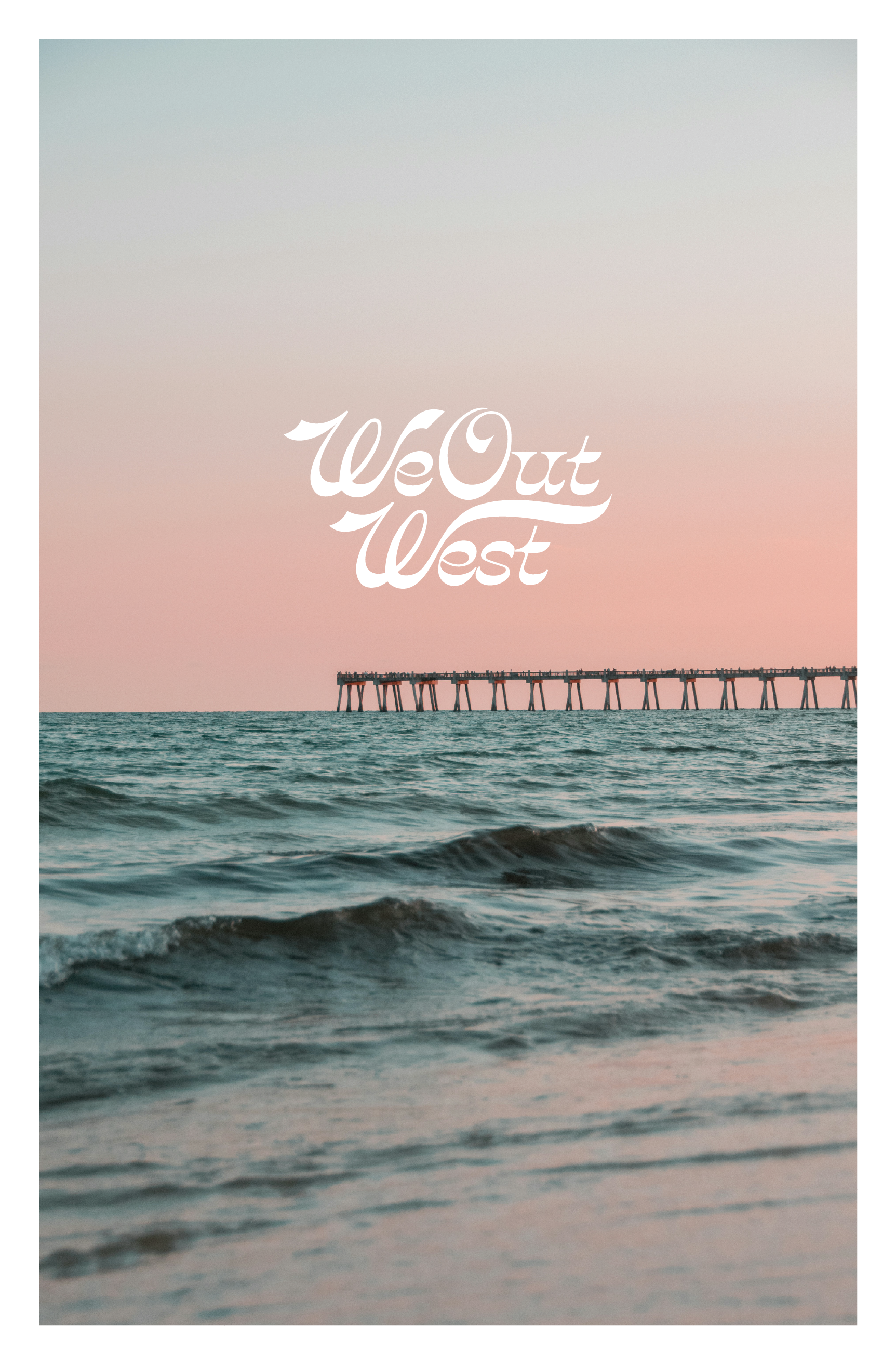 Beach scene with ocean waves and a pier extending into the water during sunset, with pastel pink and blue sky.