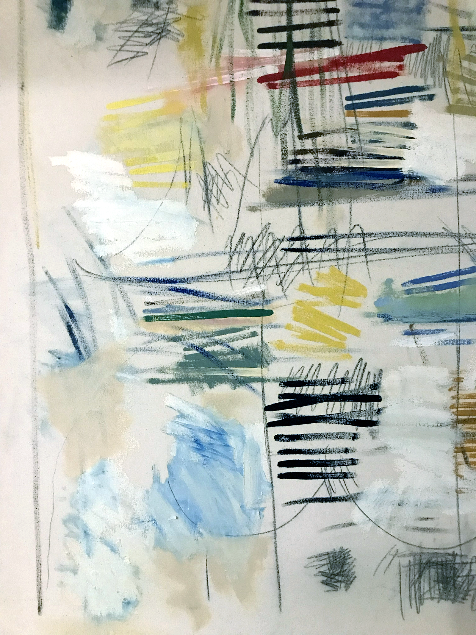 Abstract artwork with colorful strokes and scribbles in various shades of blue, yellow, red, black, and gray.
