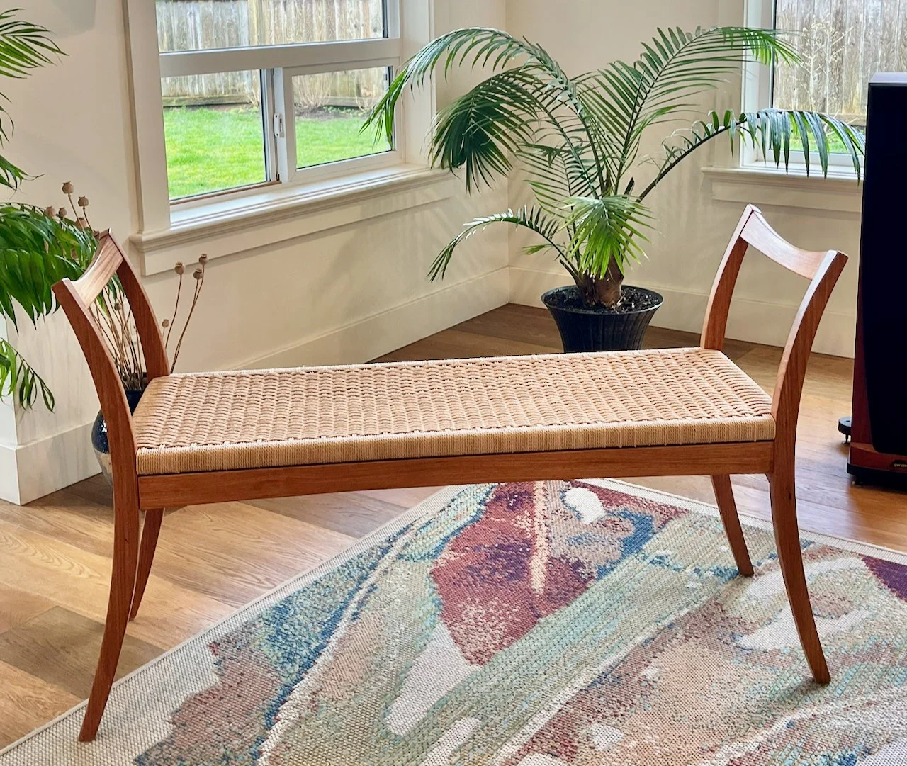 17" deep, 48" wide, 30" tall.

Yellow Narra, Danish Cord