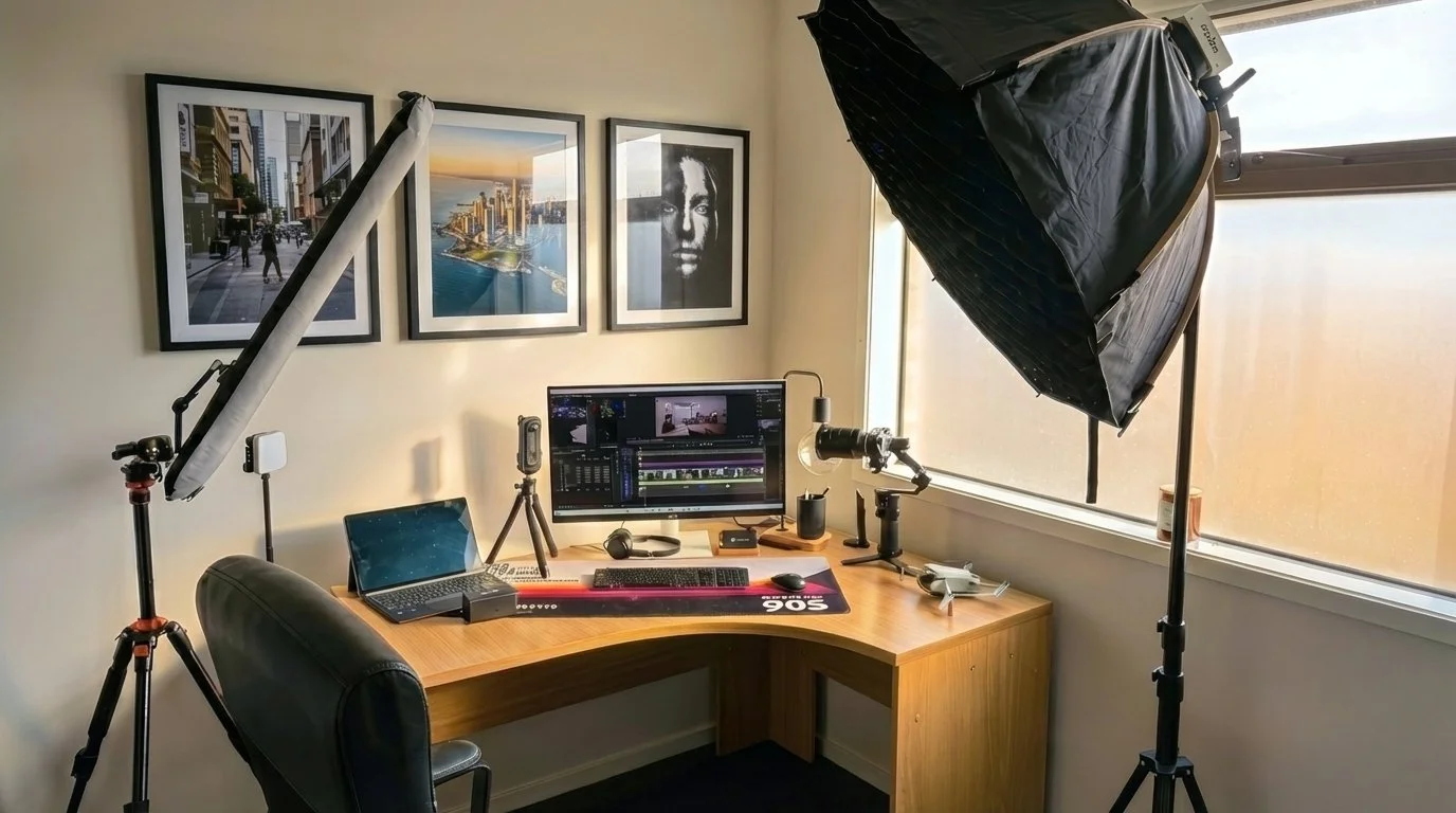 A home office or studio setup with a wooden L-shaped desk, a large monitor displaying video editing software, a laptop, a microphone, a drone, and professional lighting equipment including a large soft box and a smaller light. Three framed cityscape and portrait photographs are hung on the beige wall behind the desk, and a window with frosted glass is to the right.