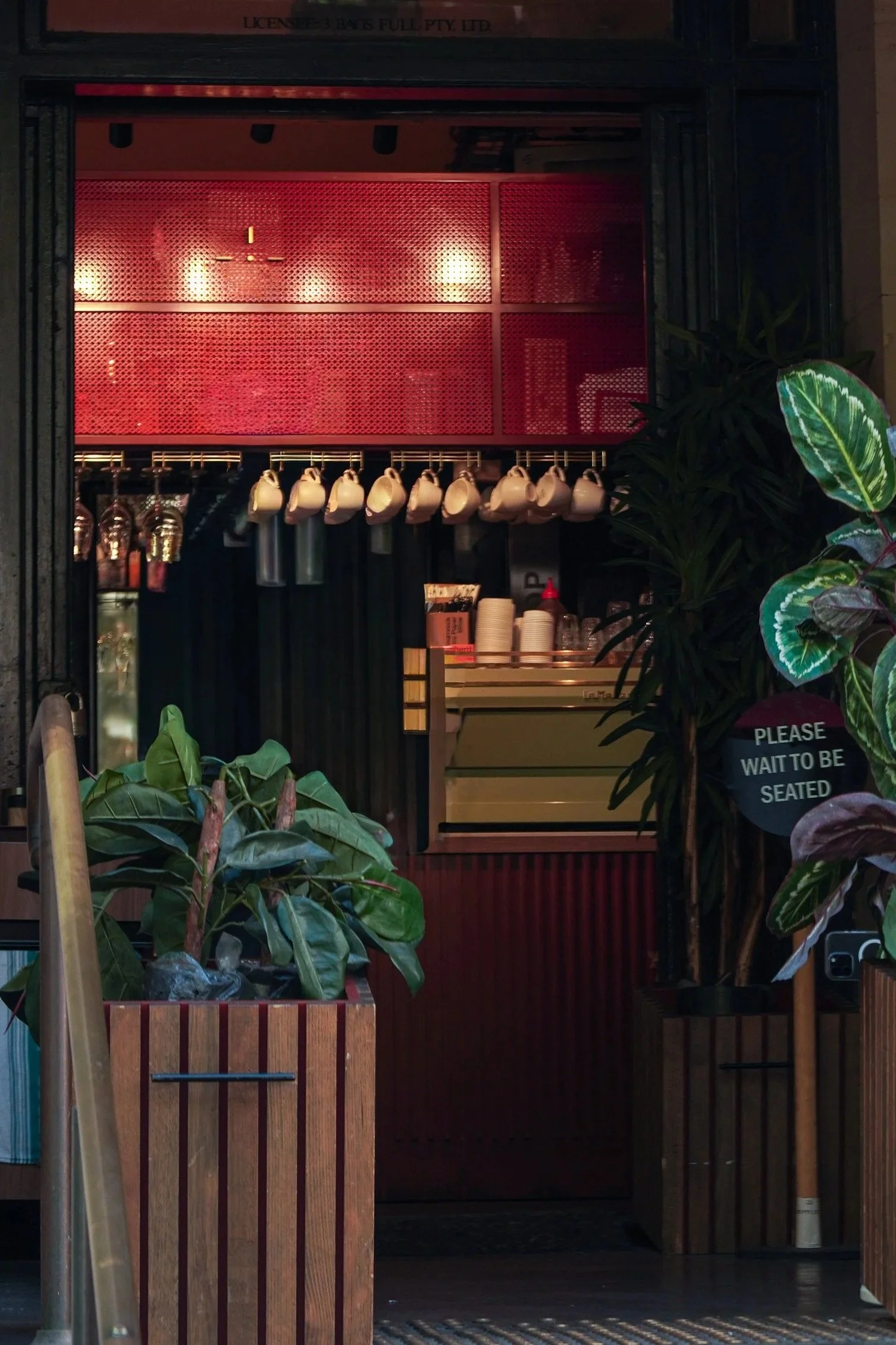 Indoor view of a coffee shop counter with hanging cups, plants on either side, and a sign that reads 'Please wait to be seated.'