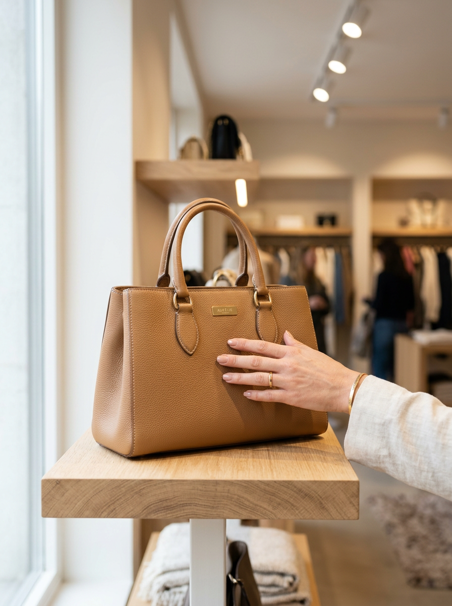 A tan handbag displayed on a wooden table inside a retail store, with a person's hand reaching out to touch it.