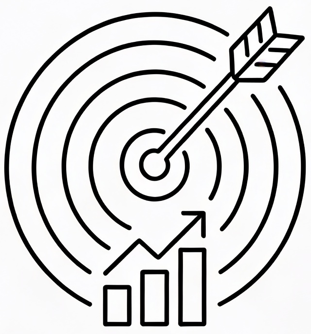 A target with concentric circles, an arrow hitting the bullseye, and an upward trending bar graph with an arrow.