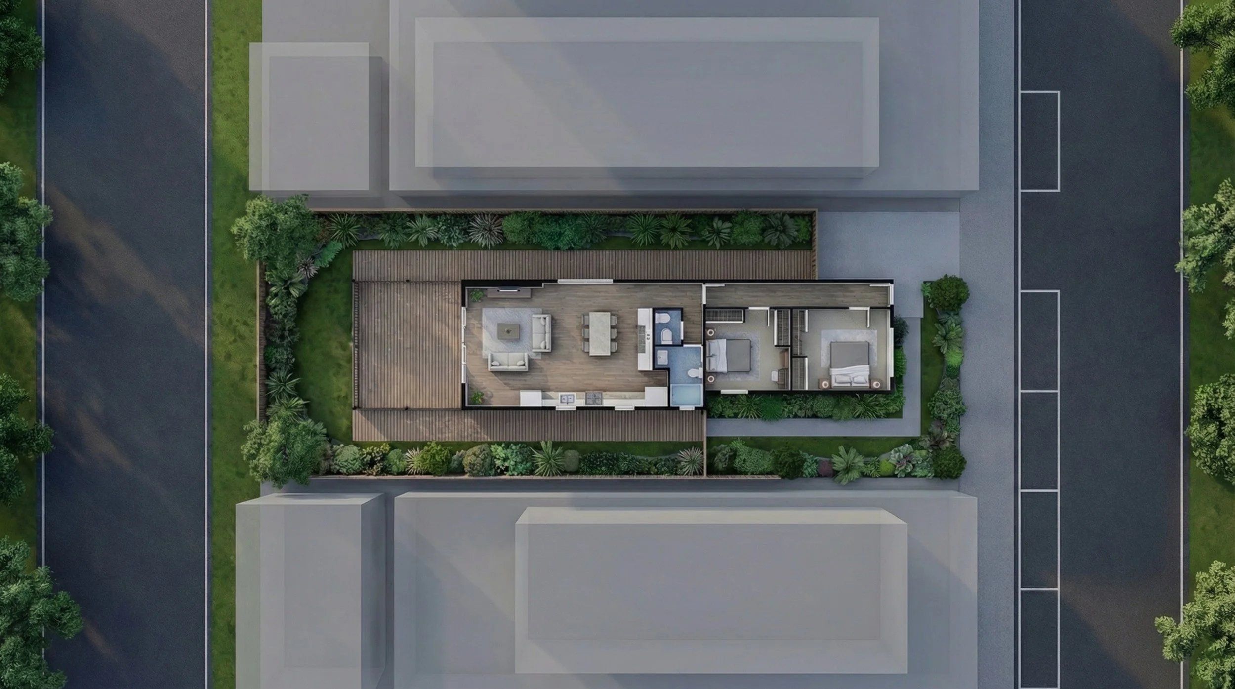 Aerial view of a modern apartment with a rooftop deck, outdoor living area, and landscaped garden, surrounded by neighboring buildings and a paved parking lot.