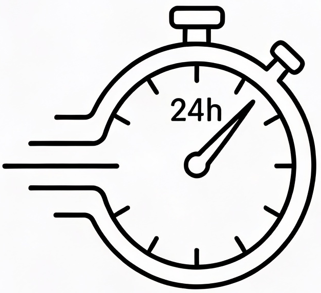 A stopwatch with a 24-hour clock face, indicating quick speed or efficiency.