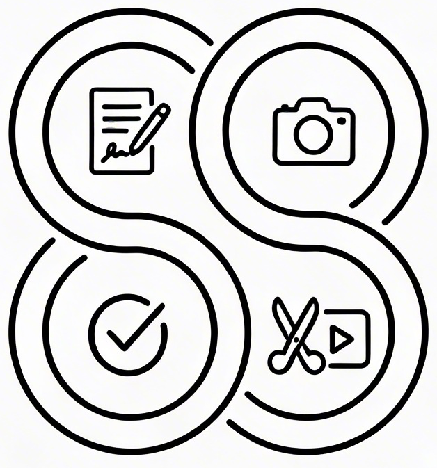 Line art icons of a document with a pencil, a camera, a checkmark, and video editing tools arranged in a flowing pattern.