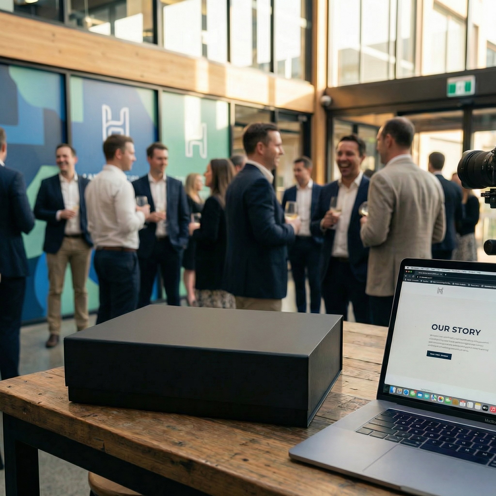 A group of professionally dressed people socializing and mingling at an indoor business event or conference, with some holding drinks, in a modern venue with large windows and a colorful wall.