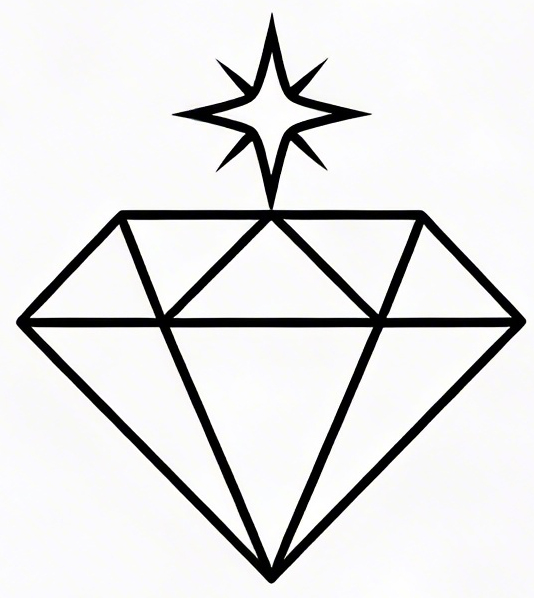 A simple black outline illustration of a diamond with a star above it on a white background.