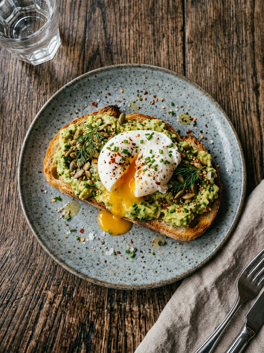 A plate with avocado toast topped with a poached egg, garnished with herbs and seeds, on a wooden table with a glass of water nearby.