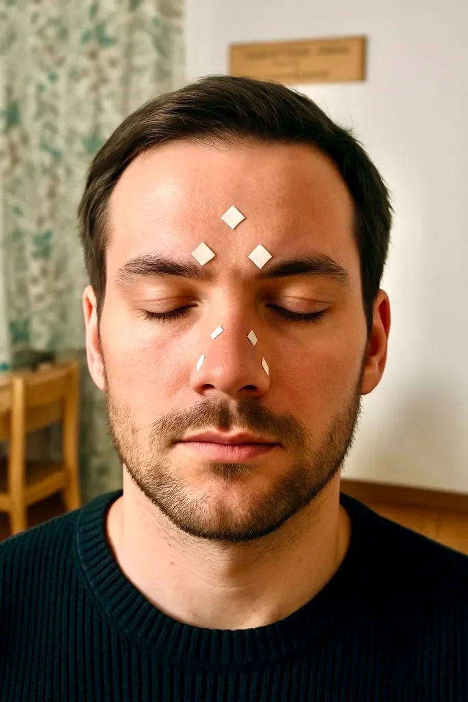 Un homme avec les yeux fermés, ayant des pièces blanches collées sur le visage au centre du front, le nez et le menton.