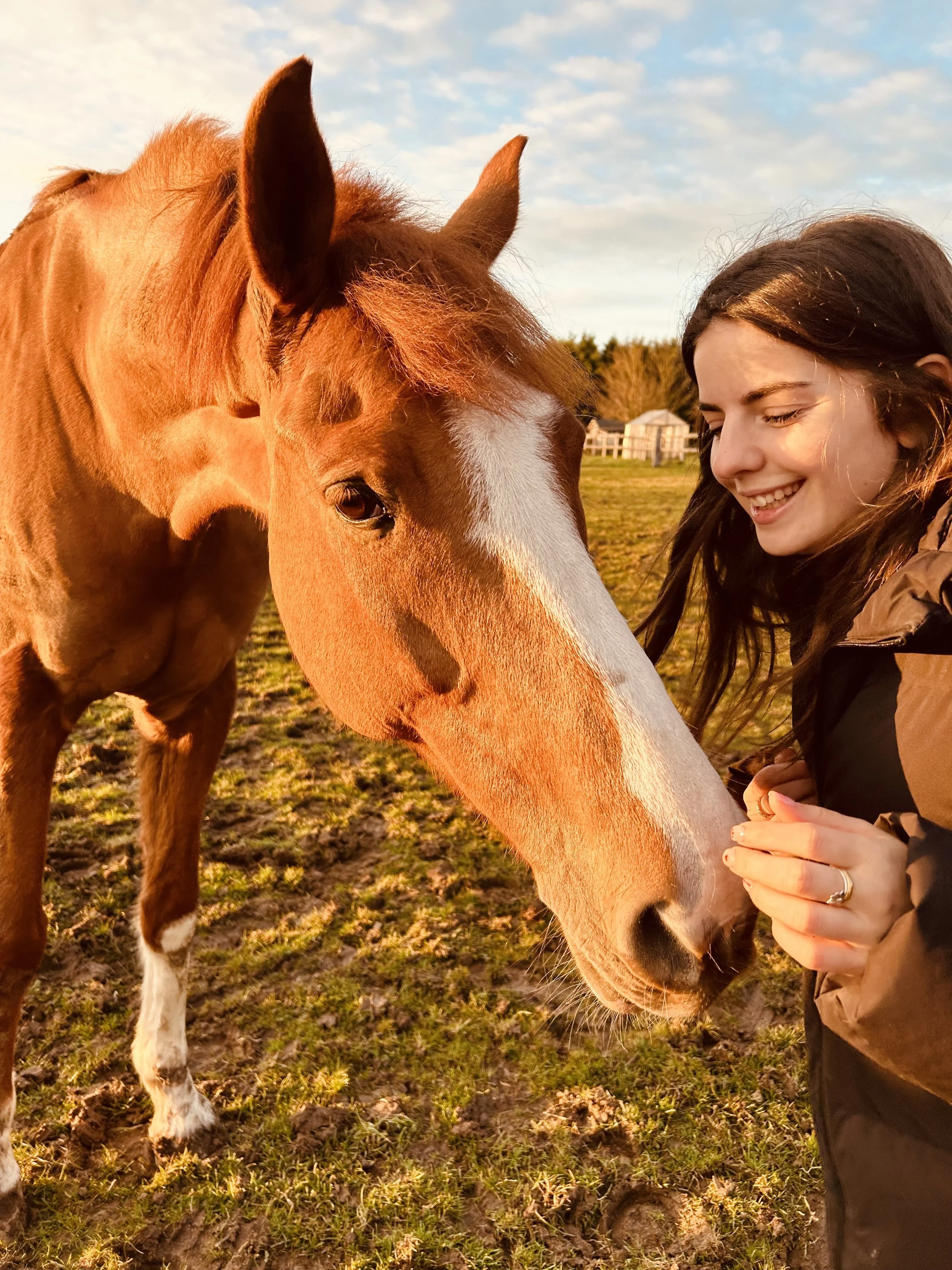 Une femme en manteau brun en train de caresser un cheval blanc et marron dans un champs avec un ciel en début de soirée.