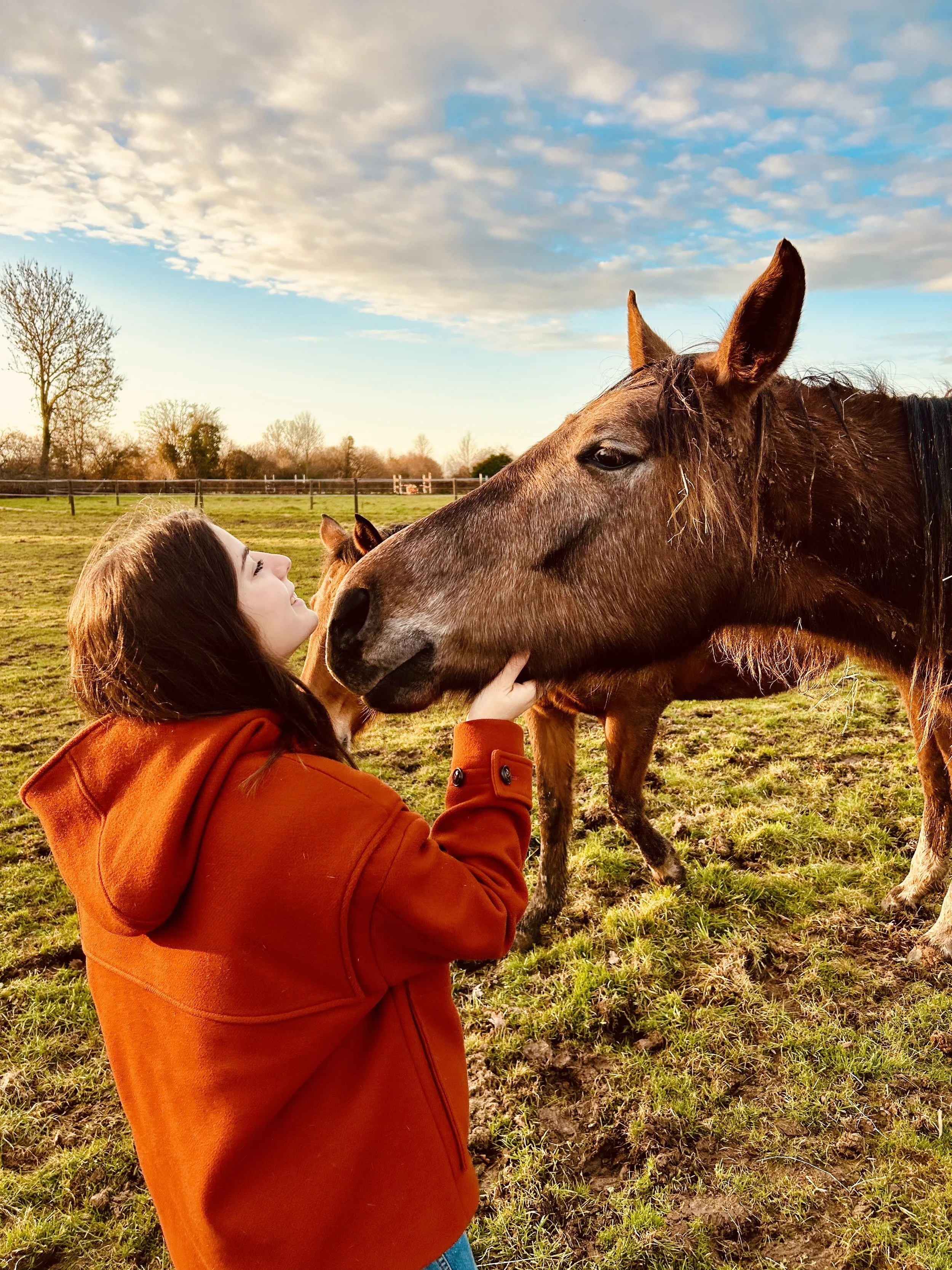 Une jeune fille en manteau rouge caresse un cheval dans un champ au coucher du soleil.