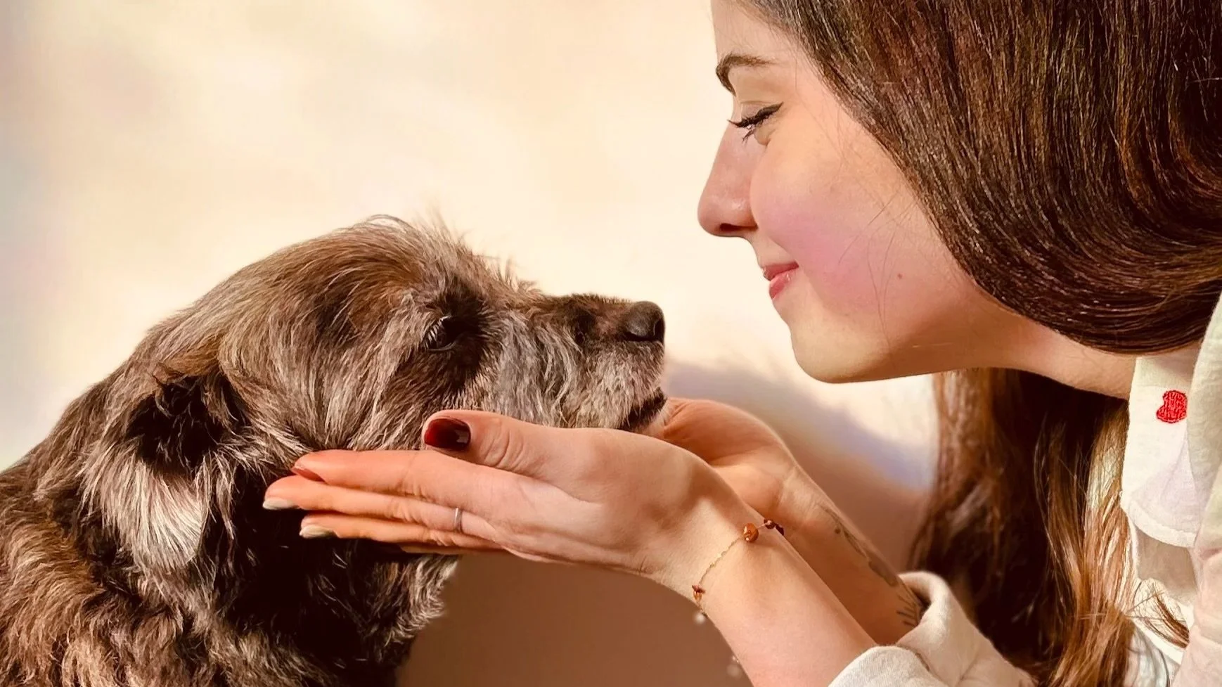 Une femme souriante qui caresse la tête d'un chien de race vieux labrador, dans une ambiance chaleureuse.