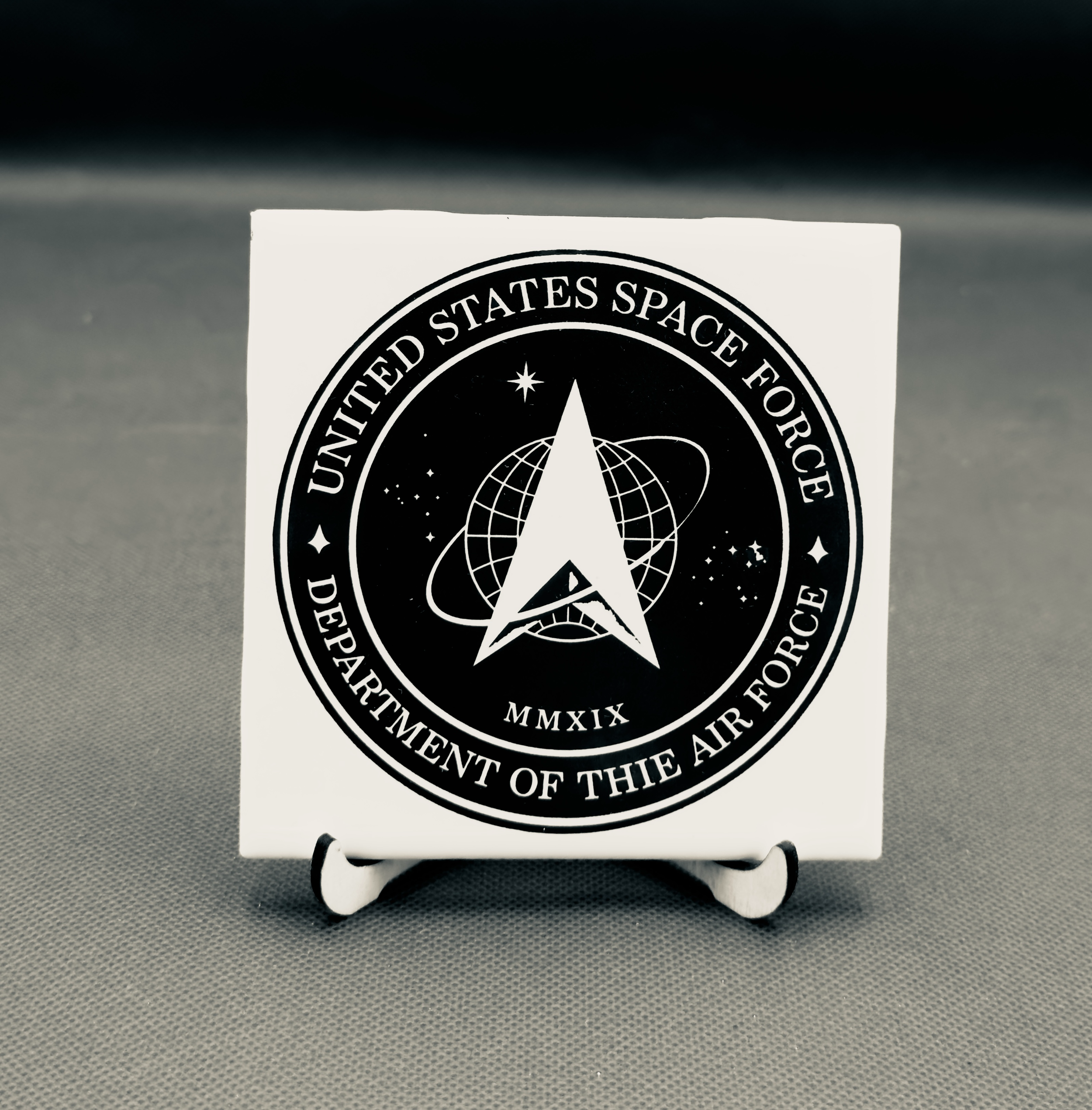 White plaque engraved  with a black and white emblem of the United States Space Force, featuring a star, a globe, and orbit lines, mounted on a white stand.