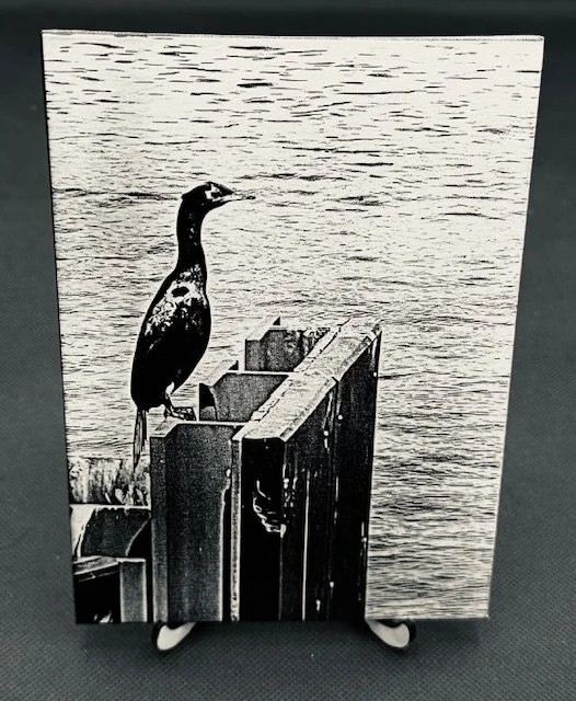 A black and white engraved photo of a bird perched on a wooden structure near a body of water.