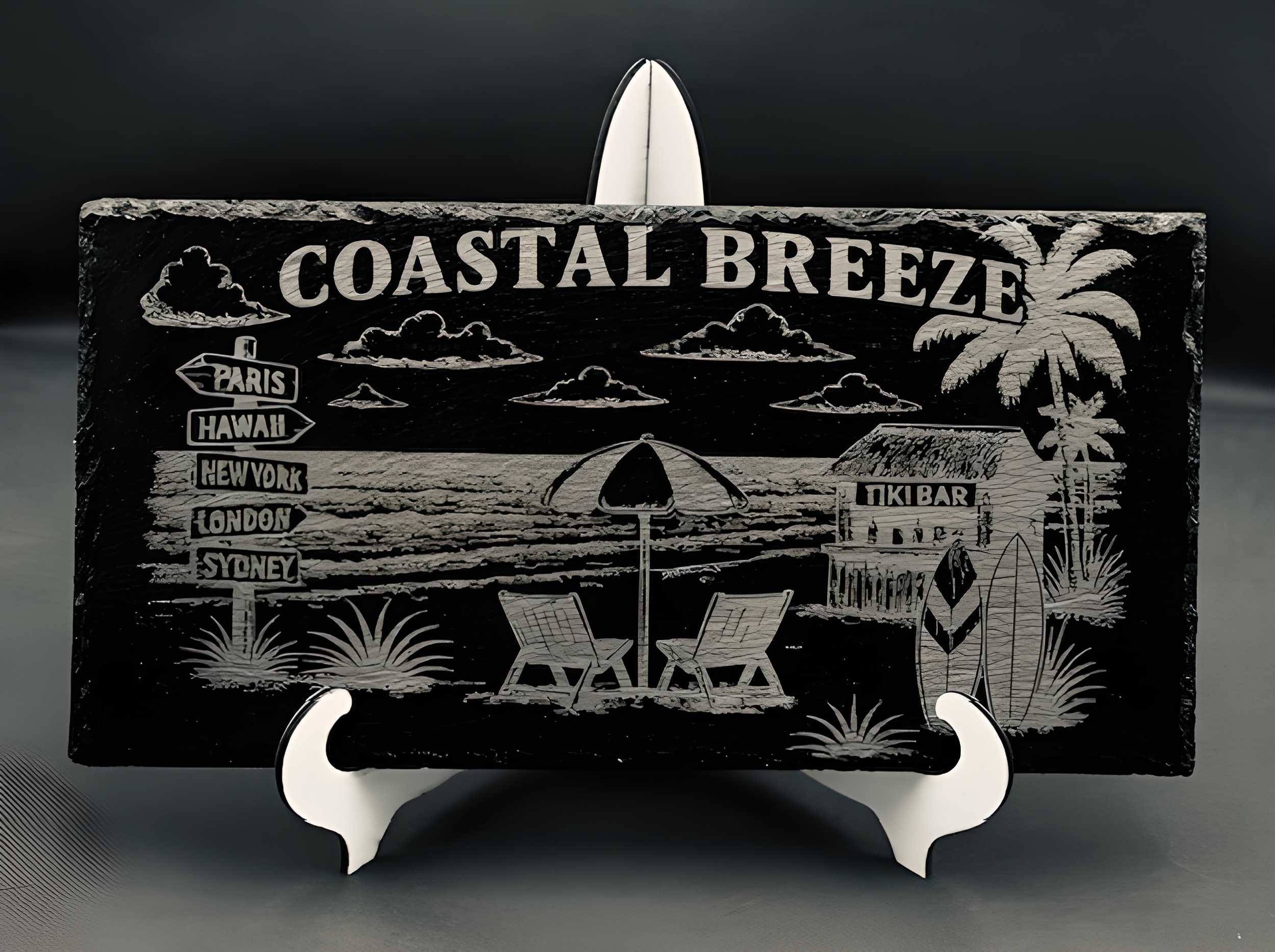 A decorative black and white sign with cut-out illustrations of clouds, a palm tree, a beach hut, and directional signs pointing to Paris, Hawaii, New York, London, and Sydney, with the words 'Coastal Breeze' at the top.